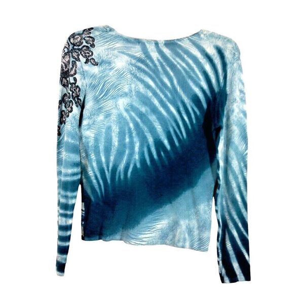 Moeina Womens Blue Embordered Knit Top Pull Over Floral Sequin Beaded No Tag (M) - Picture 2 of 5